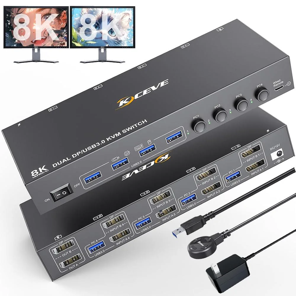 Hitoor Hitoor 8K@30Hz 4K@144Hz DisplayPort KVM Switch 4 Computers 2 Monitors — product photo