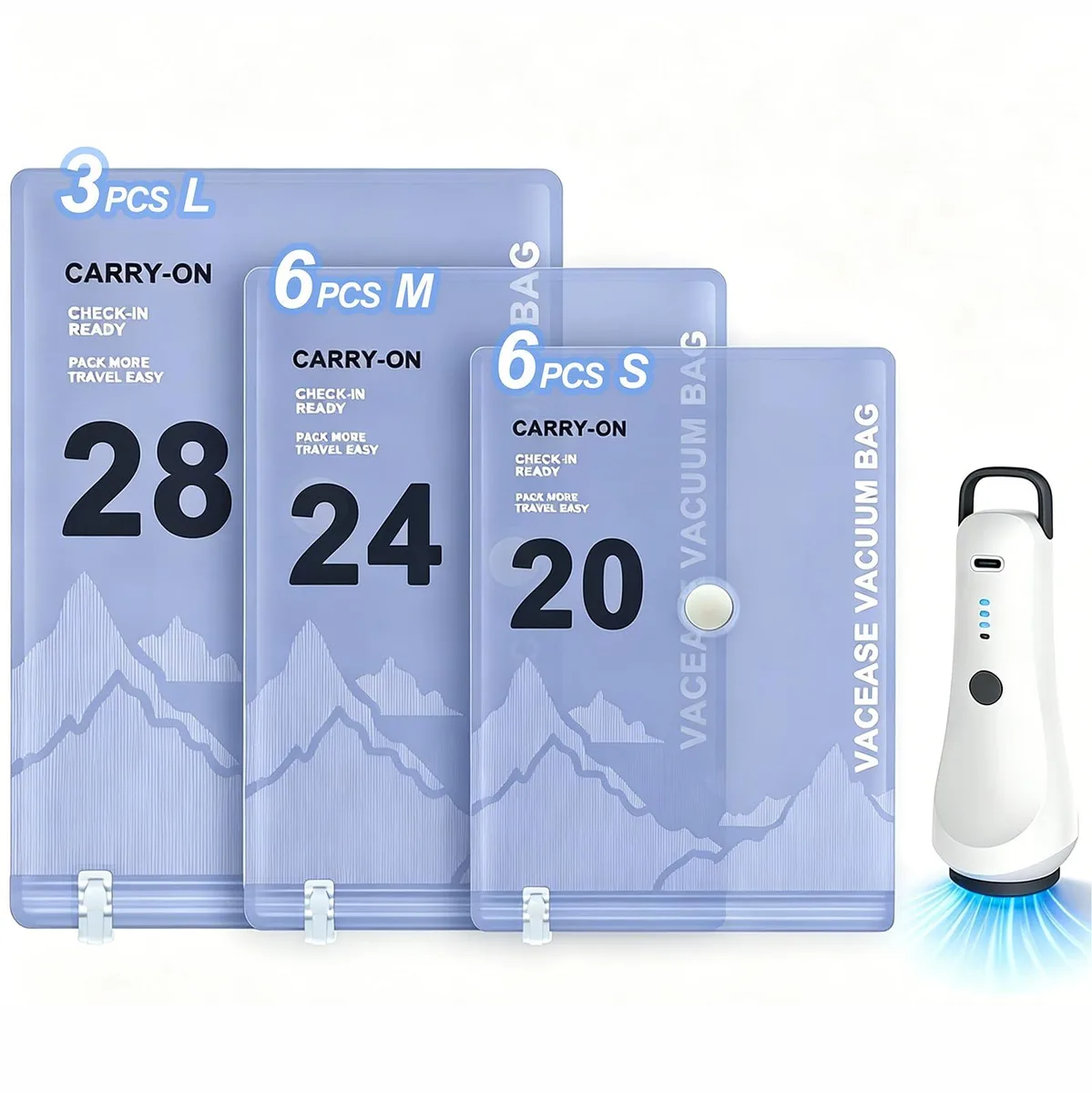 Set of fifteen grey vacuum storage bags with a compact rechargeable pump