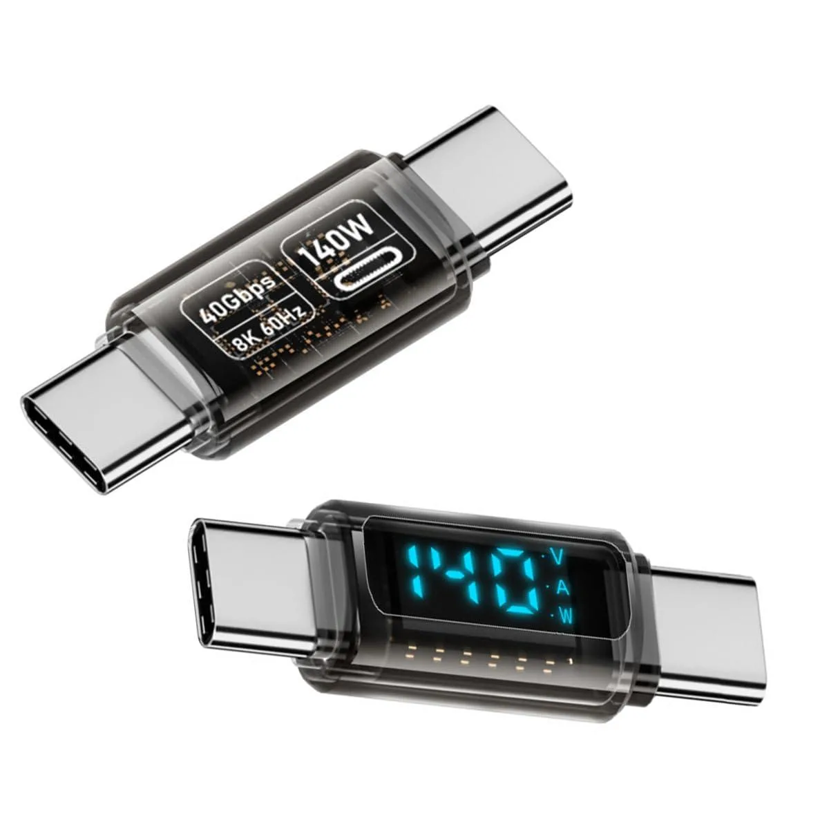 Transparent USB-C male-to-male adapter with LED display showing voltage current power