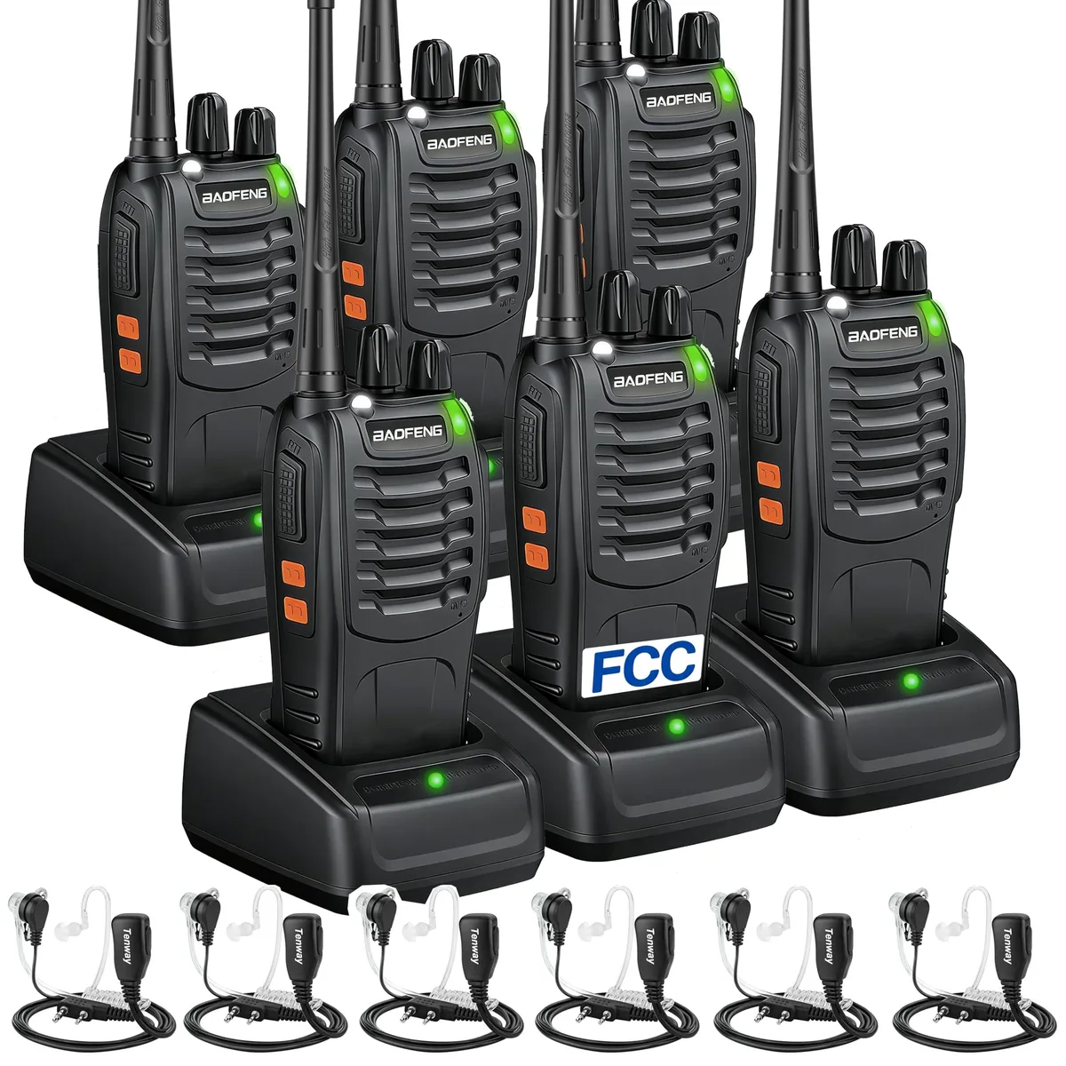Baofeng BF-888S 6-pack 16-channel UHF radios with earpieces — product photo