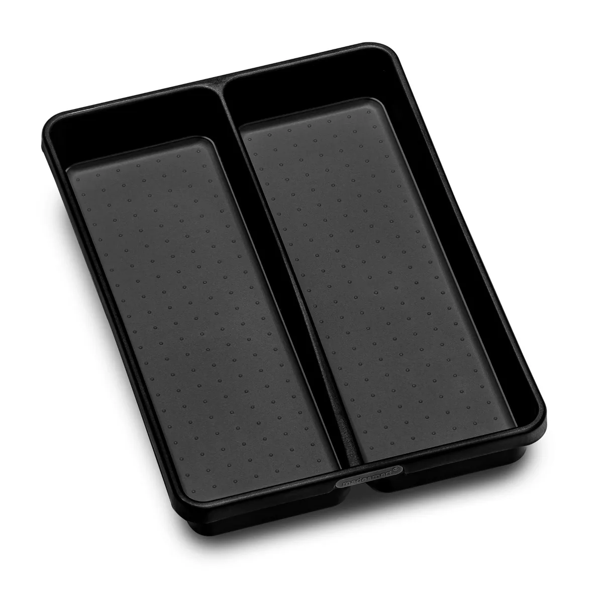 Black rectangular drawer organiser with two compartments and soft-grip lining
