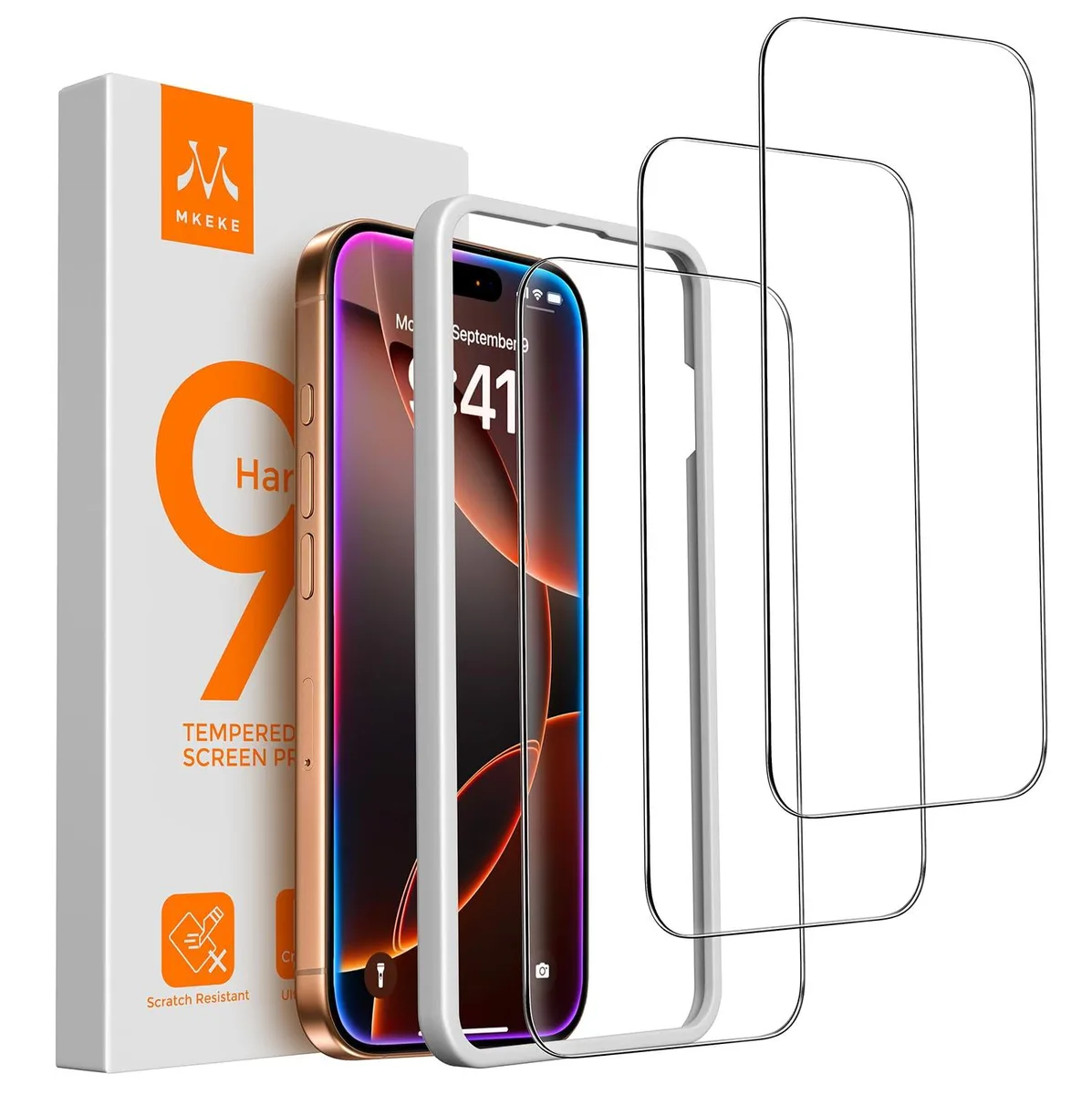 Three clear tempered-glass screen protectors with alignment frames for iPhone 16 Pro 6.3 inch