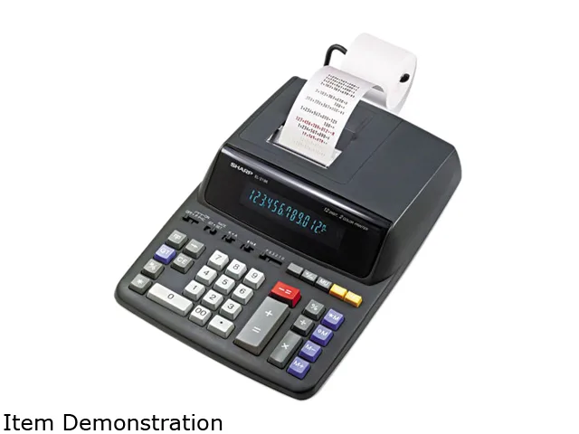 Black desktop printing calculator with blue fluorescent display and two-color ribbon