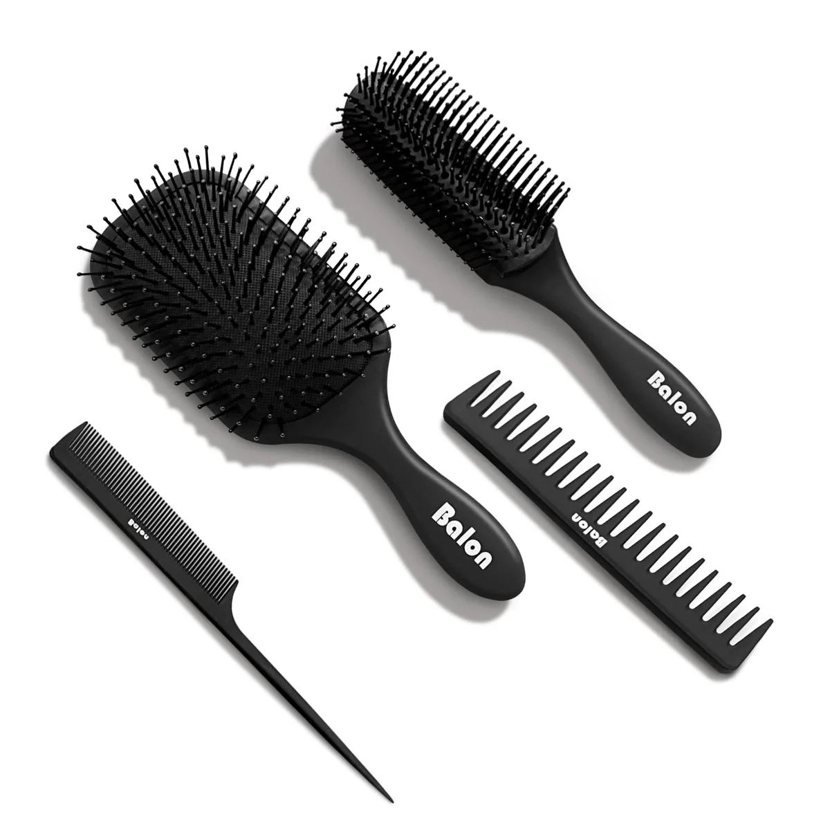 Black rectangular hair brush and comb set of four pieces including paddle brush styling brush wide-tooth comb