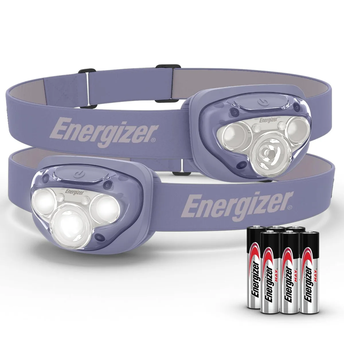 Two purple LED headlamps with adjustable elastic headbands shown side by side