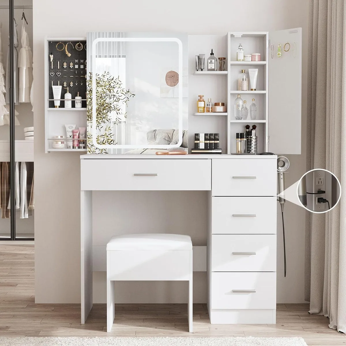 White vanity desk with large mirror, LED light strip, five drawers, cabinet, open shelves and sliding locker