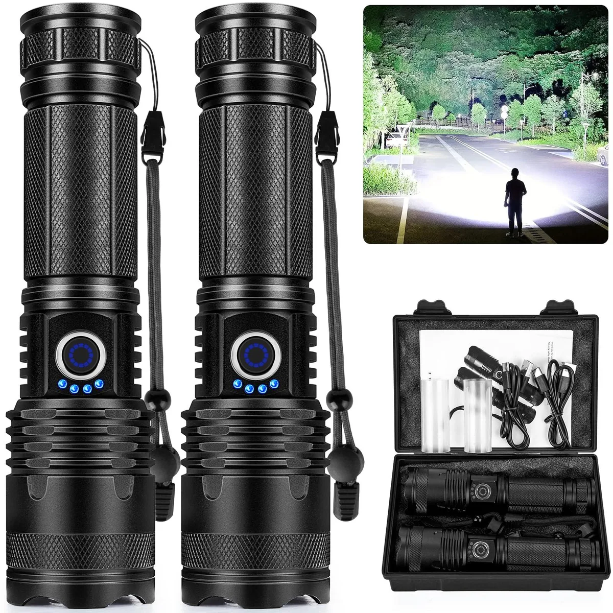 Two cylindrical aluminum flashlights side by side, matte dark finish, textured grip, lens and focus ring visible