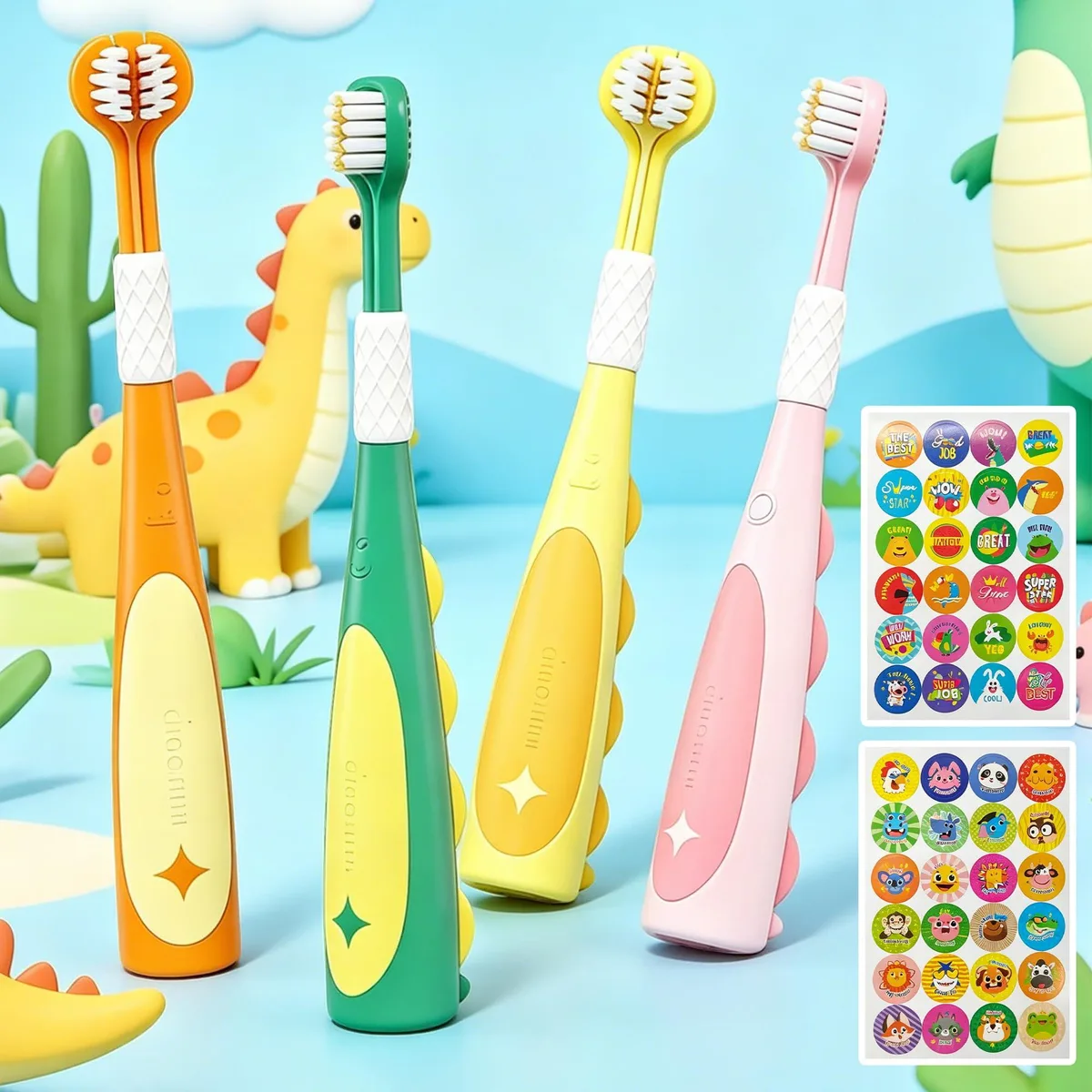 Four toddler toothbrushes with three-sided heads and non-slip handles plus sticker sheet