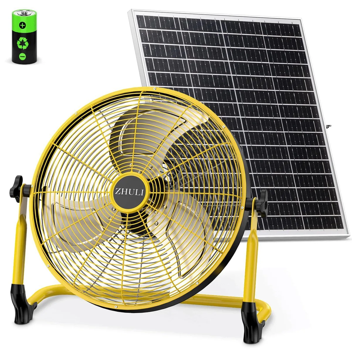 Yellow 18 inch solar floor fan on stand, polished chrome metal blades, mesh guard, portable battery powered design