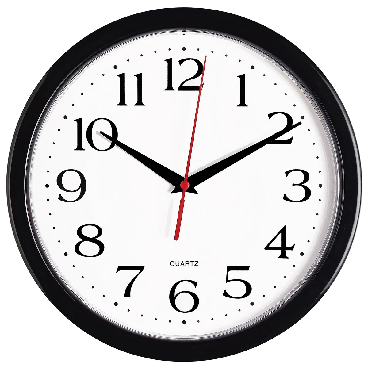 Black round wall clock with white face and bold black numbers, 10.25 inches diameter