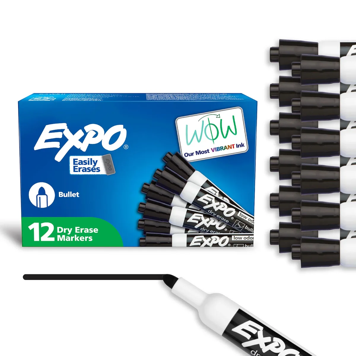Box of twelve black dry erase markers with bullet tips