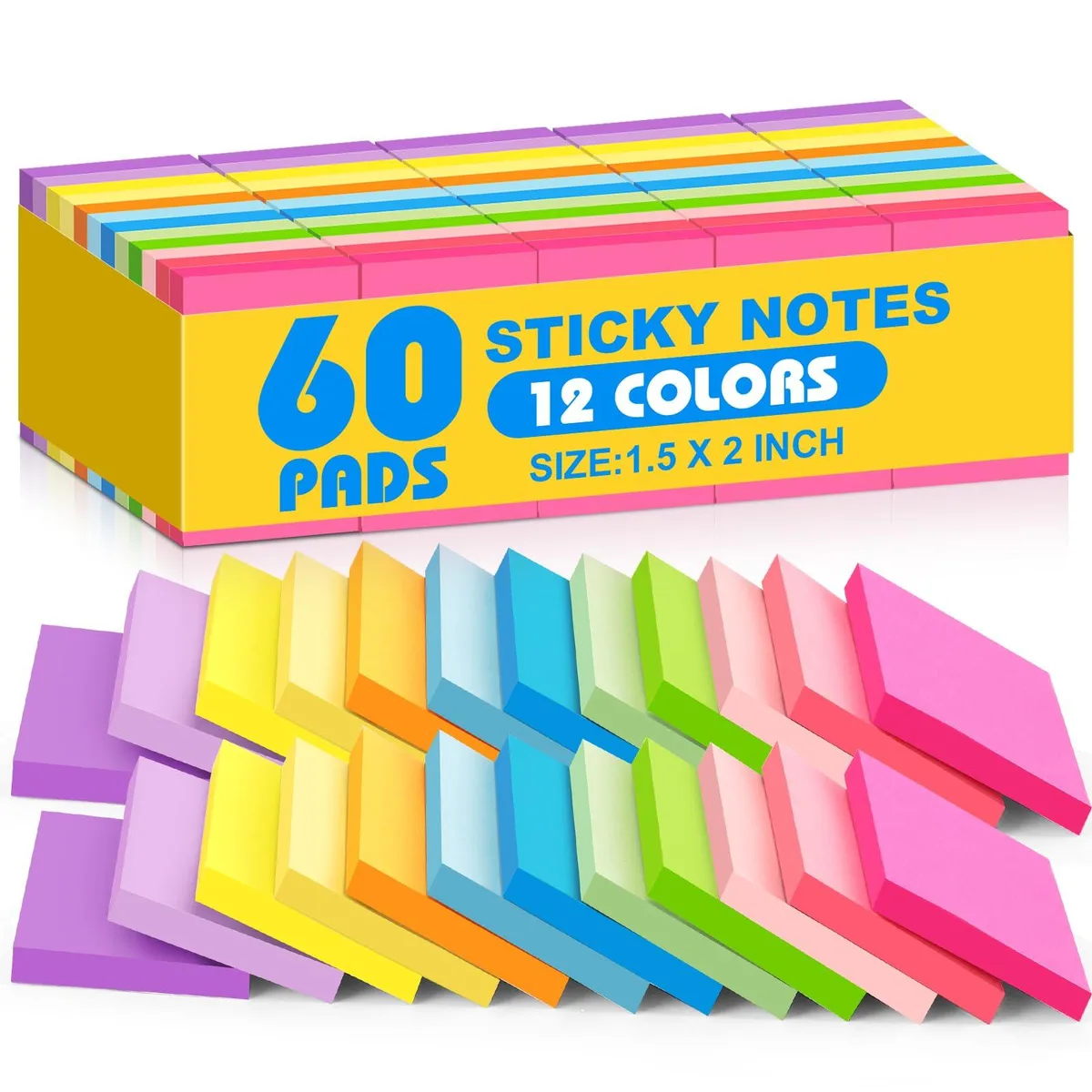 Rectangular pack of 60 small square sticky-note pads in 12 bright colours