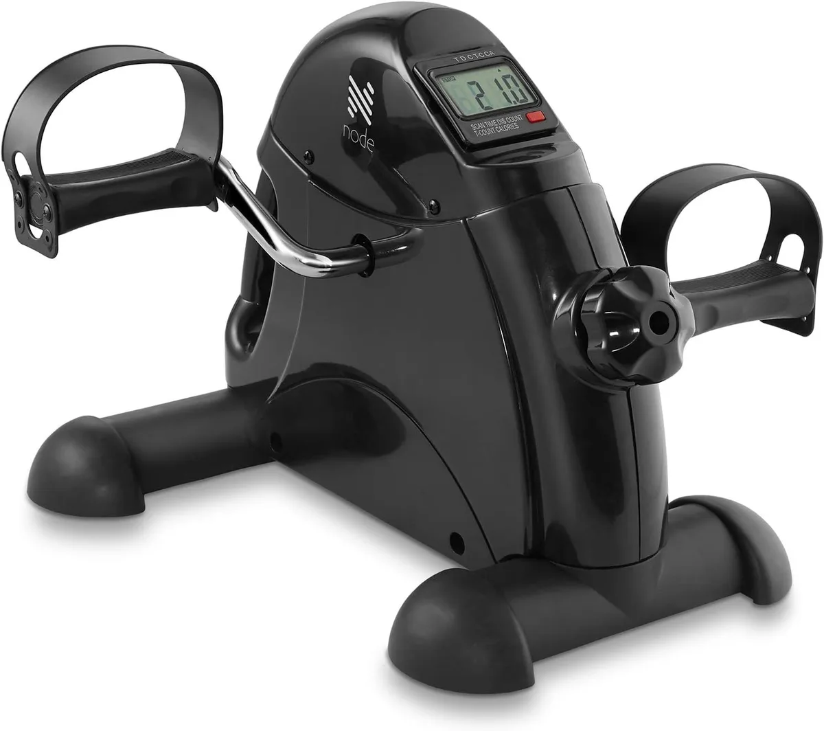 Compact under-desk pedal exerciser with weighted flywheel, LCD display, carry handle and non-slip feet