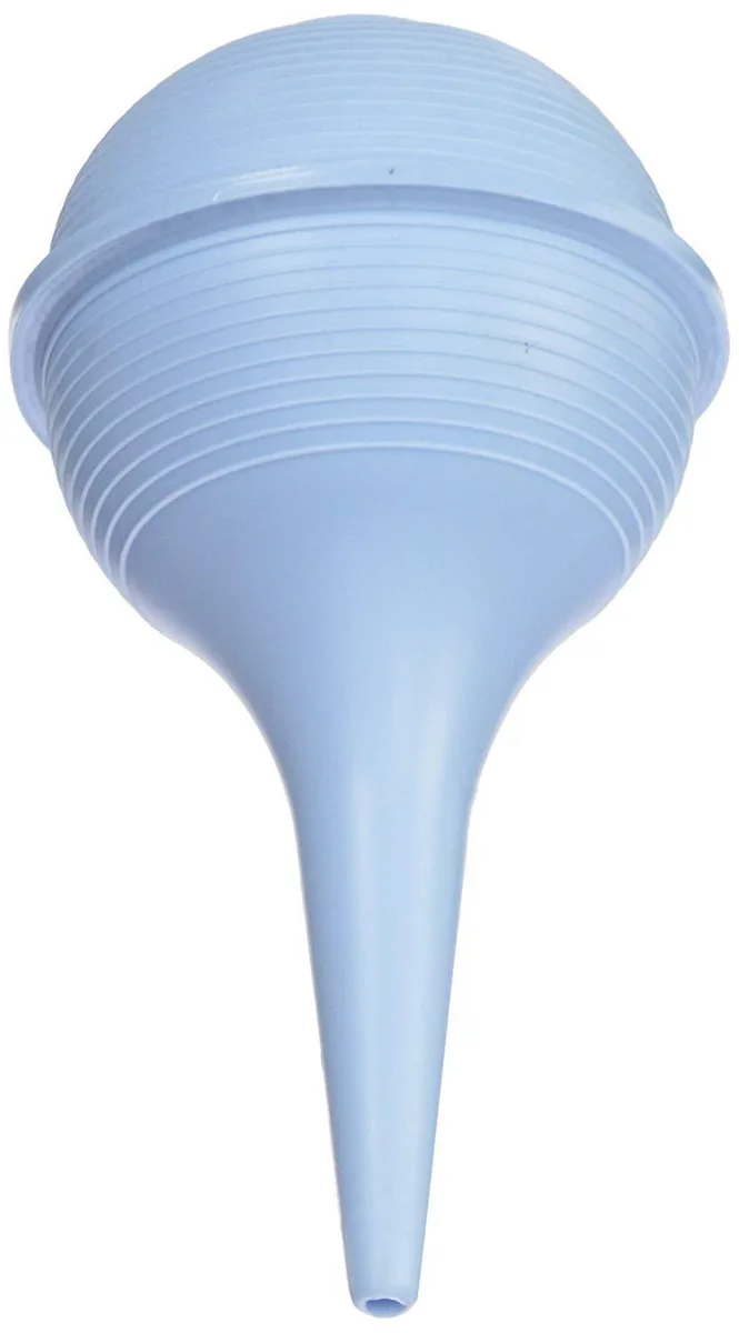 Three blue bulb syringes with ribbed grips and soft tips