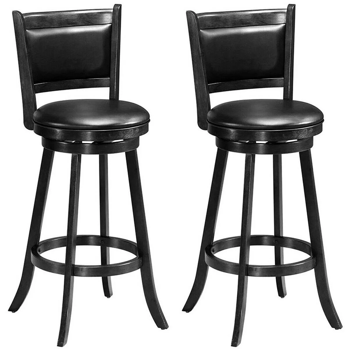 Pair of black swivel barstools with wood frames and padded seats