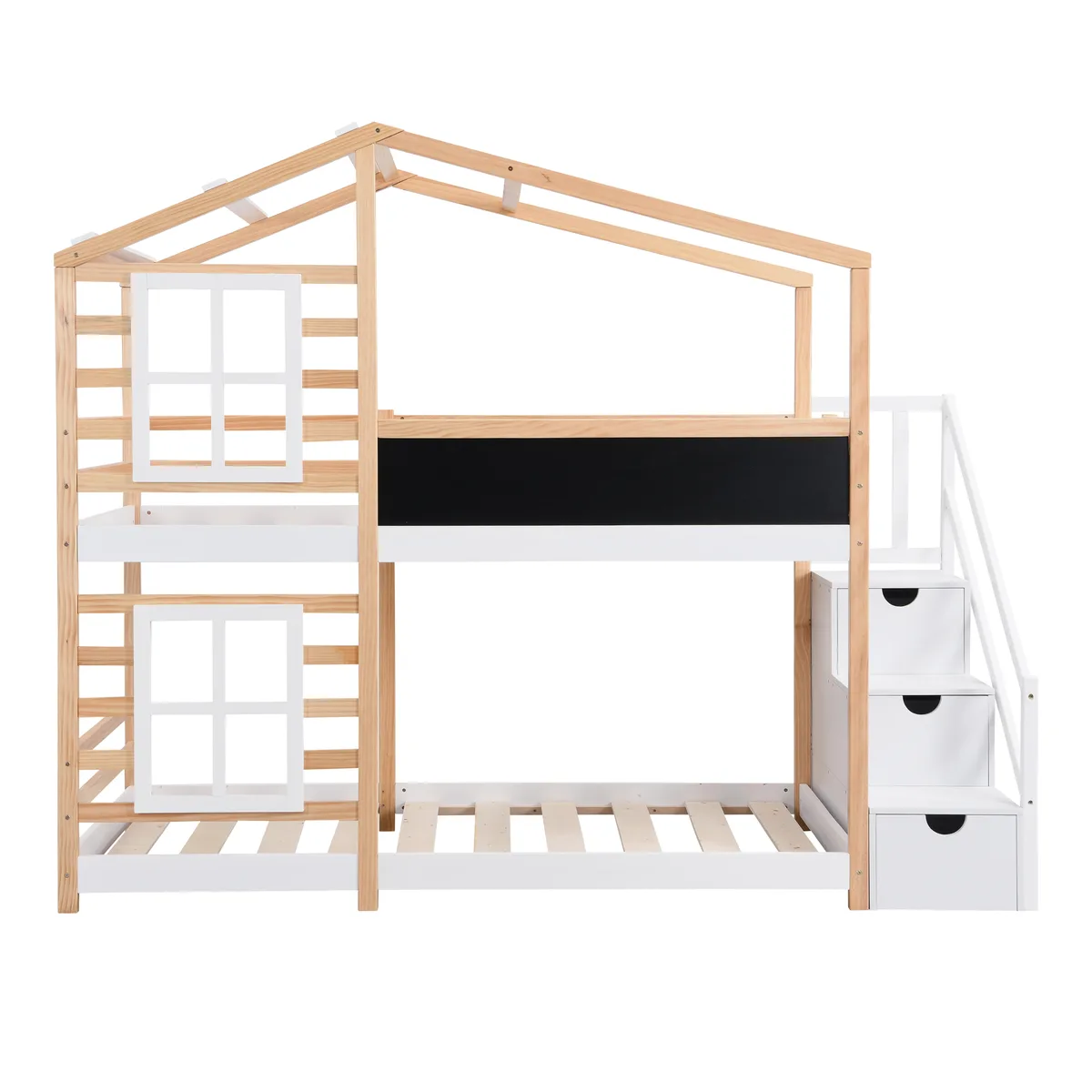 White and natural wood house-shaped twin over twin bunk bed with roof windows, blackboard and storage ladder