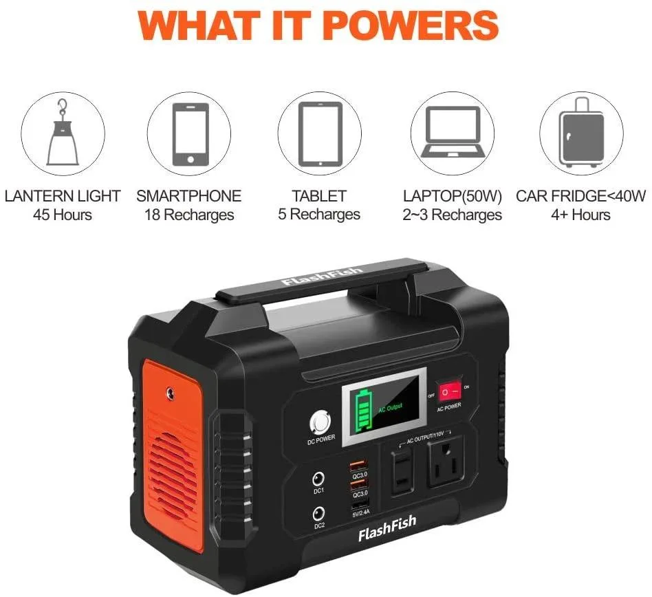 Compact rectangular power station, dark grey plastic casing with integrated carry handle, front panel shows AC outlet