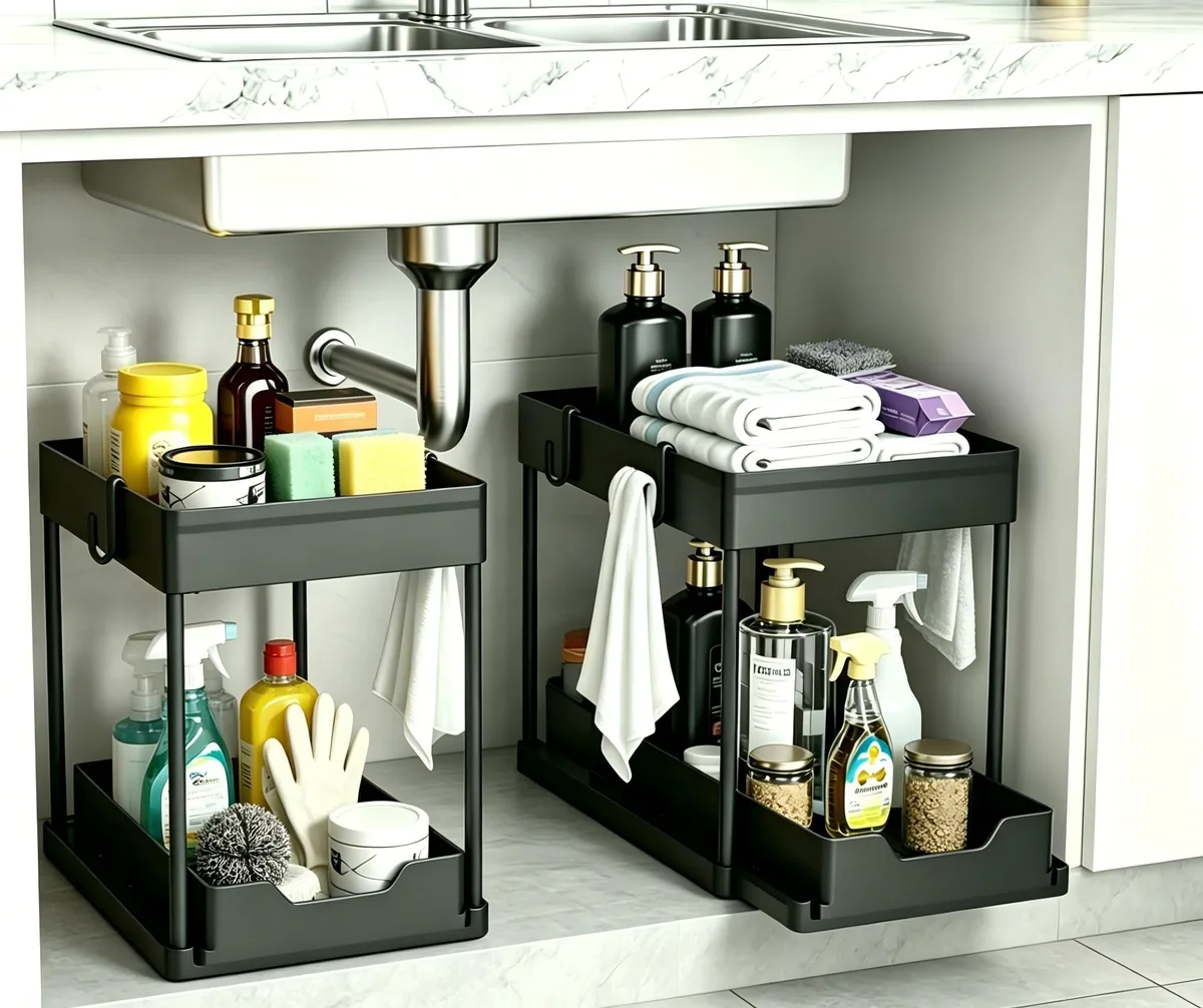 Two black rectangular sliding baskets on steel frames, 2.4 by 3.96 by 1.3 inches