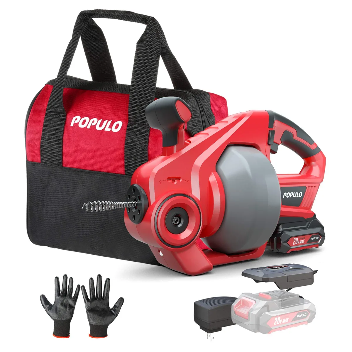 WORKPRO CADL-2004 cordless drain auger kit with 25-foot cable, battery, charger, bag and gloves