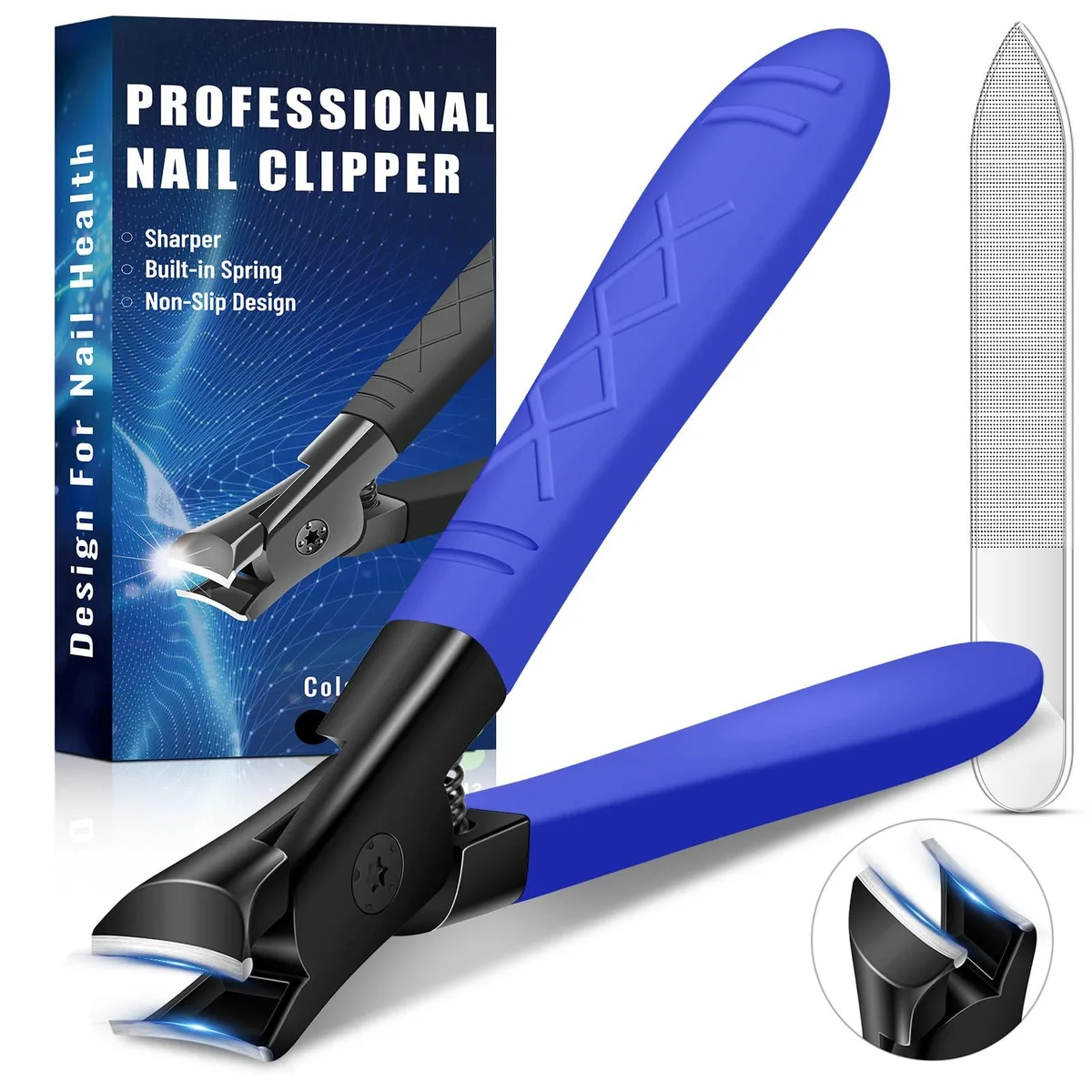 Blue wide-jaw nail clipper with rubber-coated handle and glass nail file