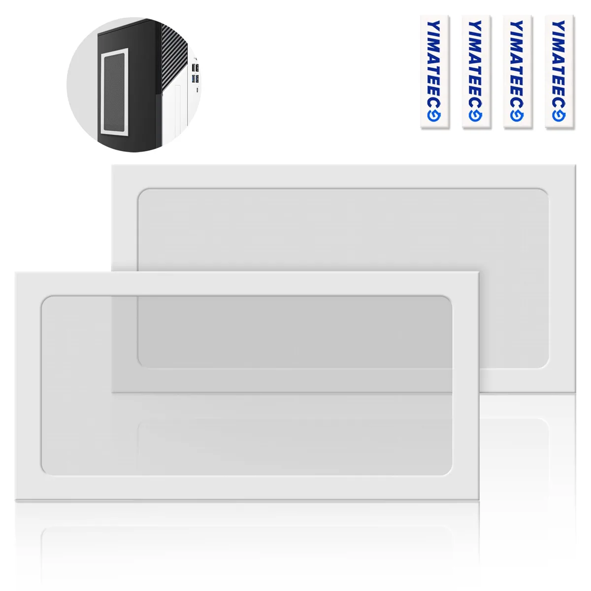 Two white rectangular magnetic dust filters with fine nylon mesh and frosted PVC frames, plus four small gel pads