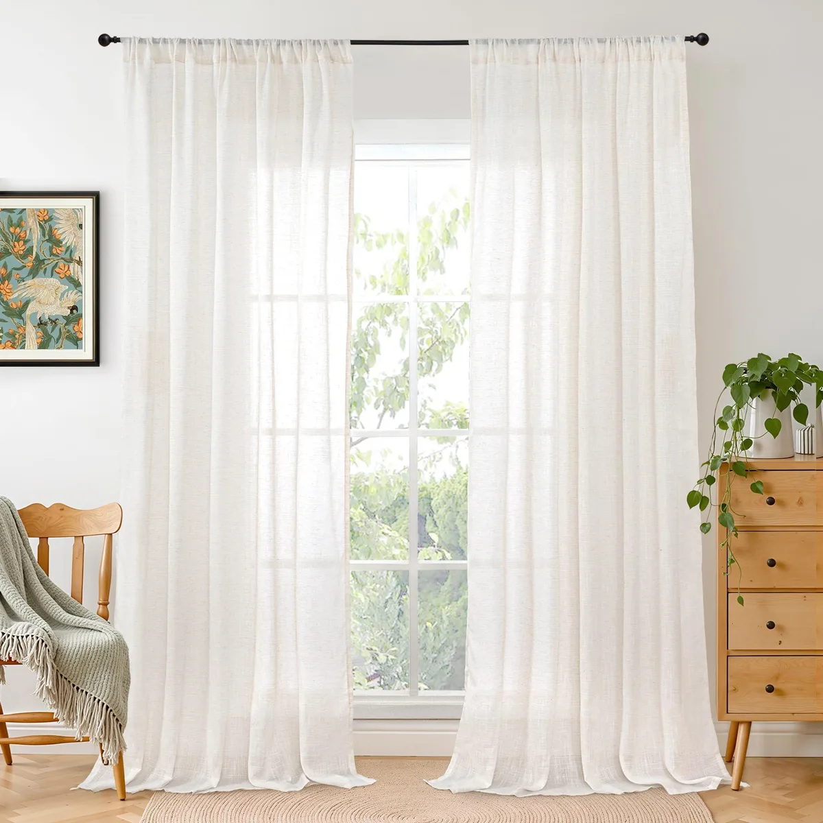 Two linen sheer curtain panels, 52 by 84 inches, light filtering fabric with rod pocket