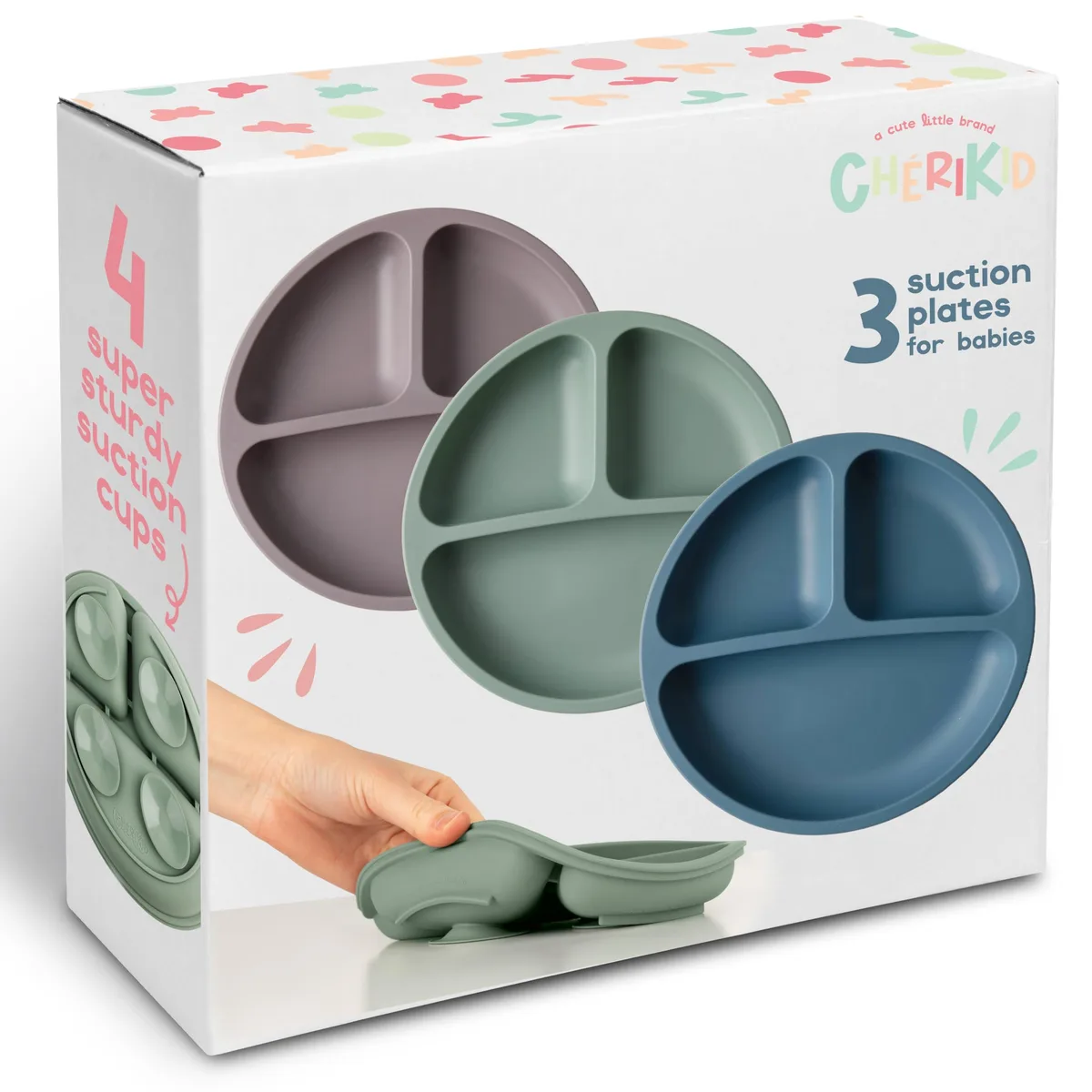 Rectangular white plastic plates with grey green and blue rims set of 30