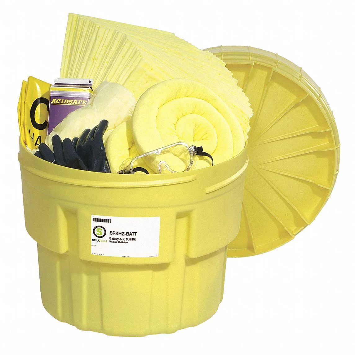 Yellow drum spill kit with sorbents and PPE inside