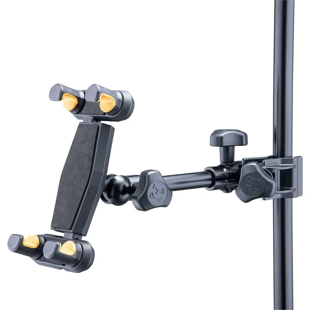 Black adjustable tablet and phone mount with desk clamp and camera thread