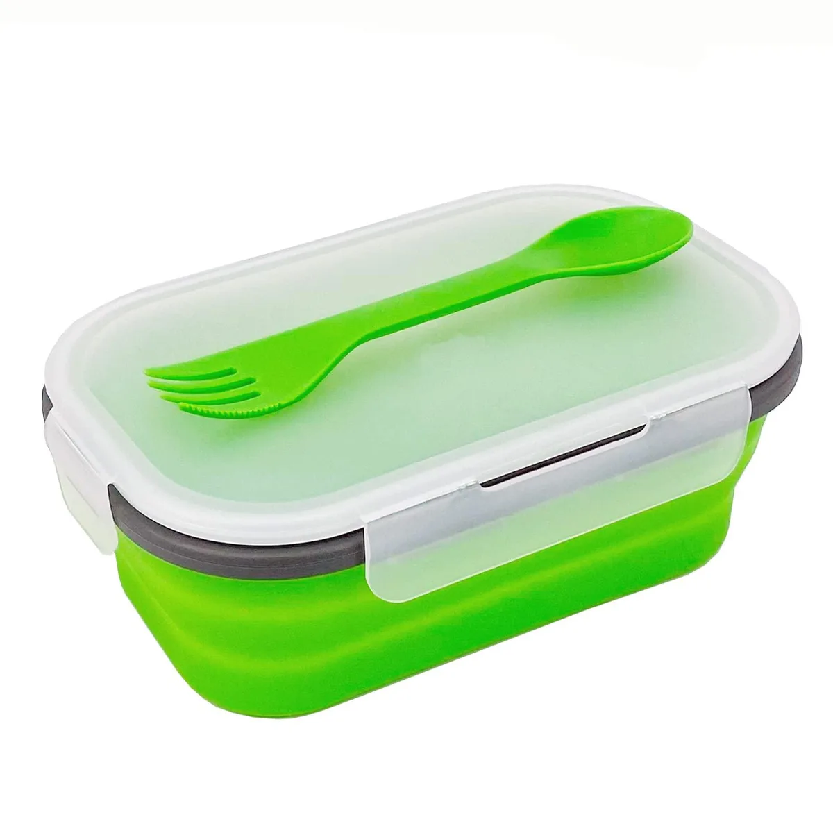 Red collapsible silicone food container with airtight lid and built-in fork spoon, expanded rectangular shape