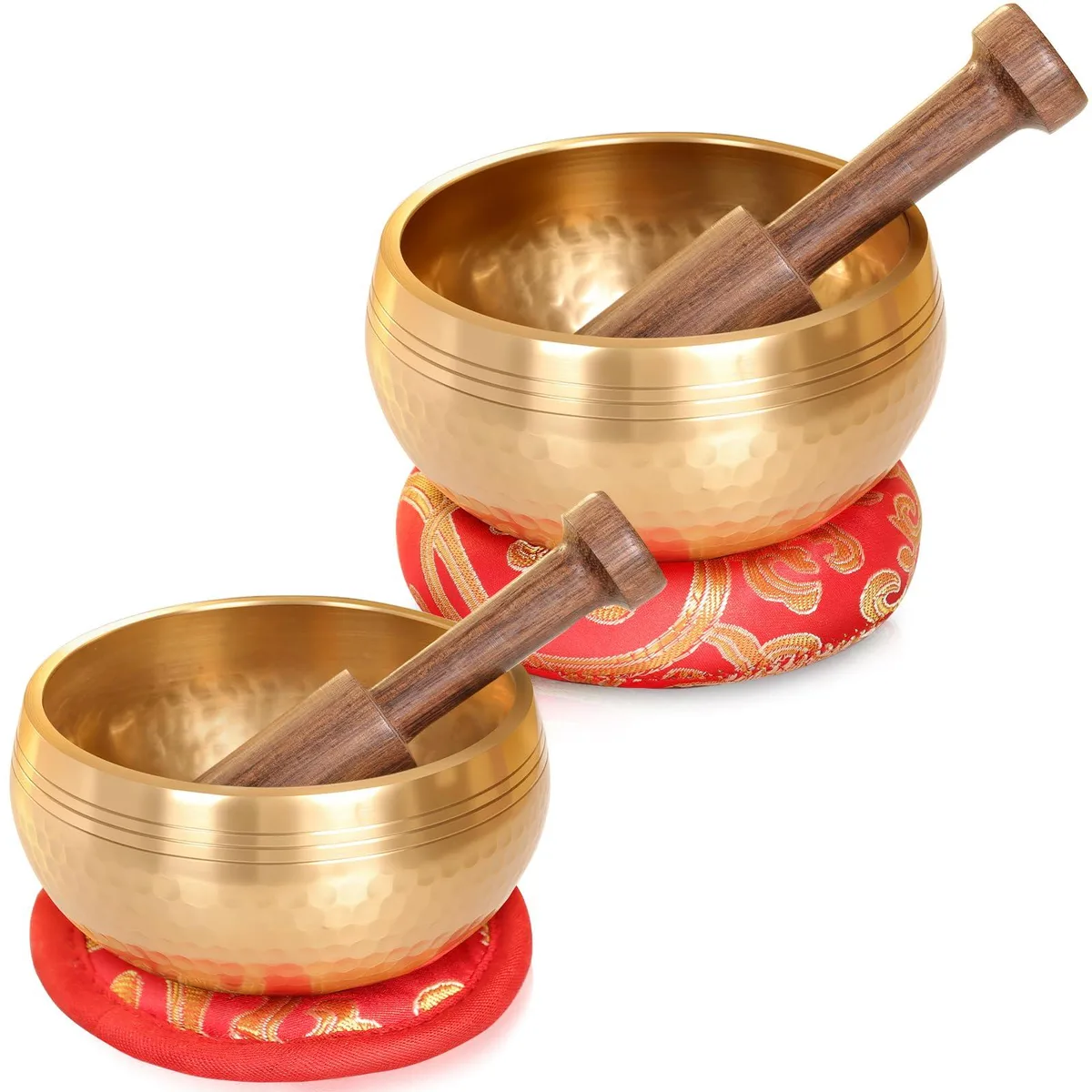 Two small hand-hammered stainless steel bowls in brown and red, 3.3 and 3.5 inches, with a wooden striker