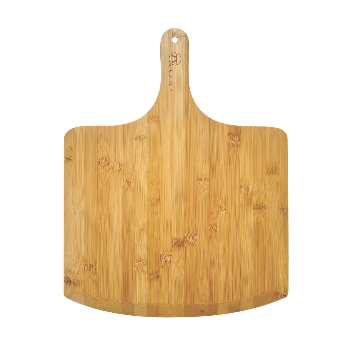 Rectangular bamboo paddle 18 by 14 inches pale tan finish smooth tapered edge hanging hole in handle
