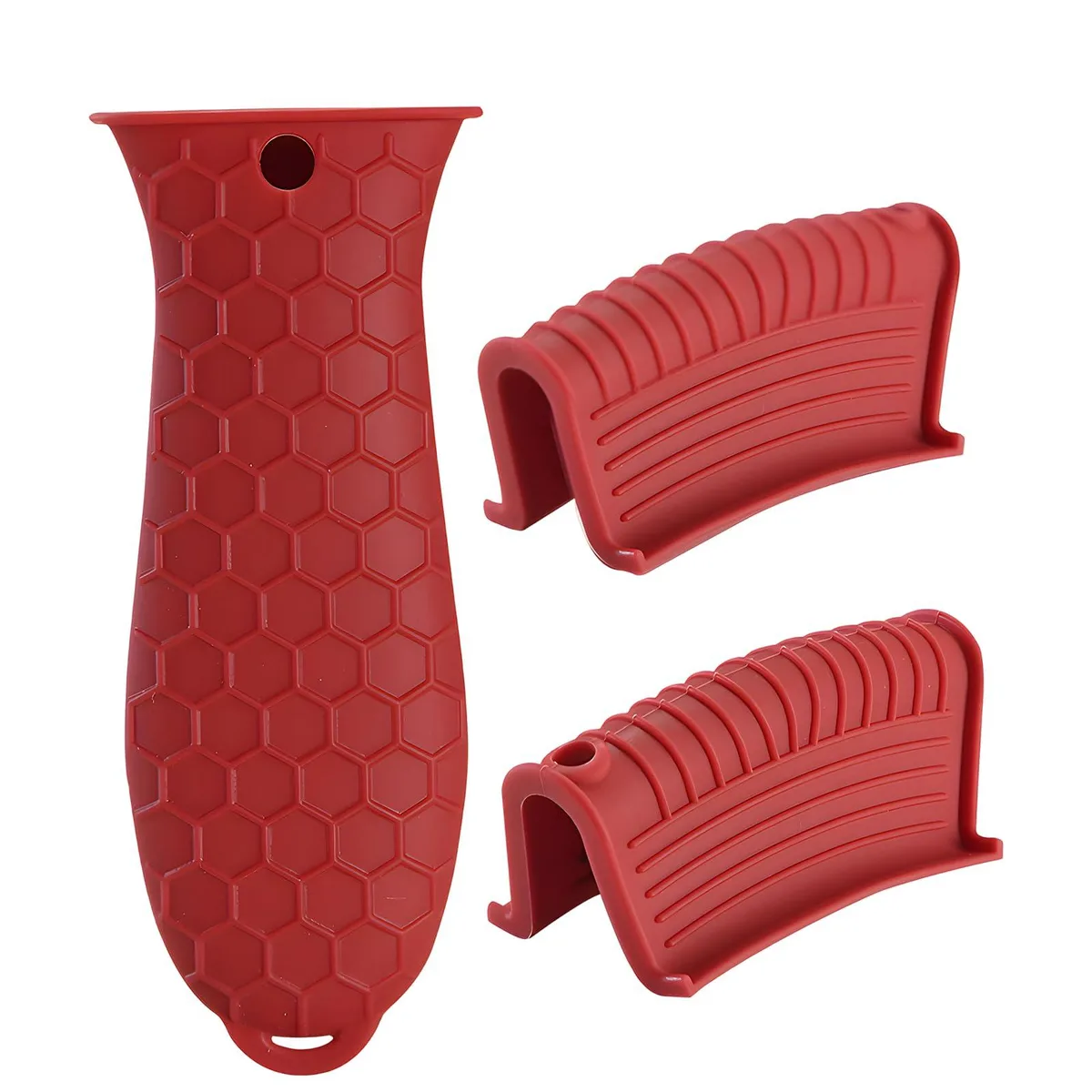 Three red silicone handle covers with honeycomb texture and hanging holes