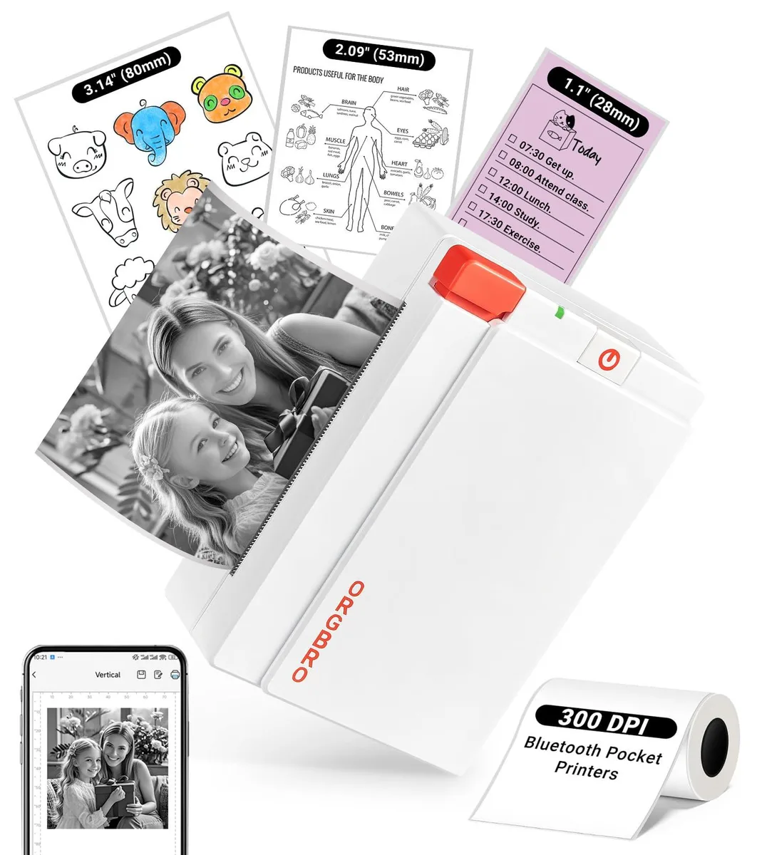 Compact white thermal label printer with USB-C cable and sticker roll