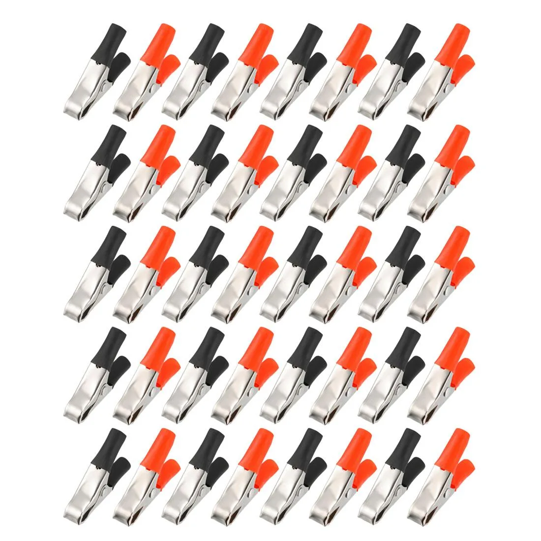 Twenty red and black metal alligator clips with rubber sleeves, 50mm long, 18mm max jaw opening
