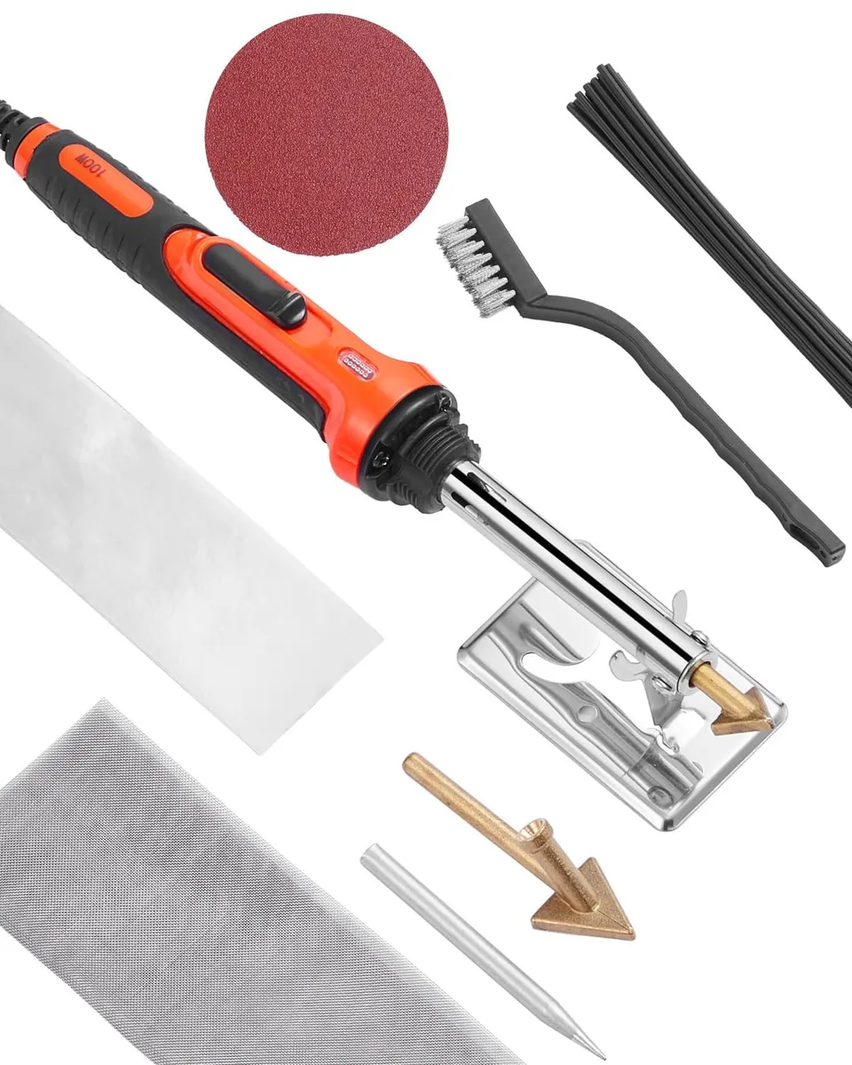 Red dual-power plastic welder kit with tips, rods, stand and accessories