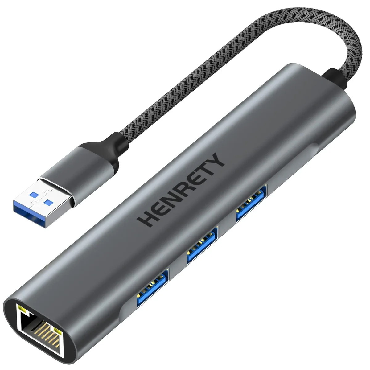Henrety HRY-A-RJ45-HUB USB 3.0 4-in-1 data adapter — product photo