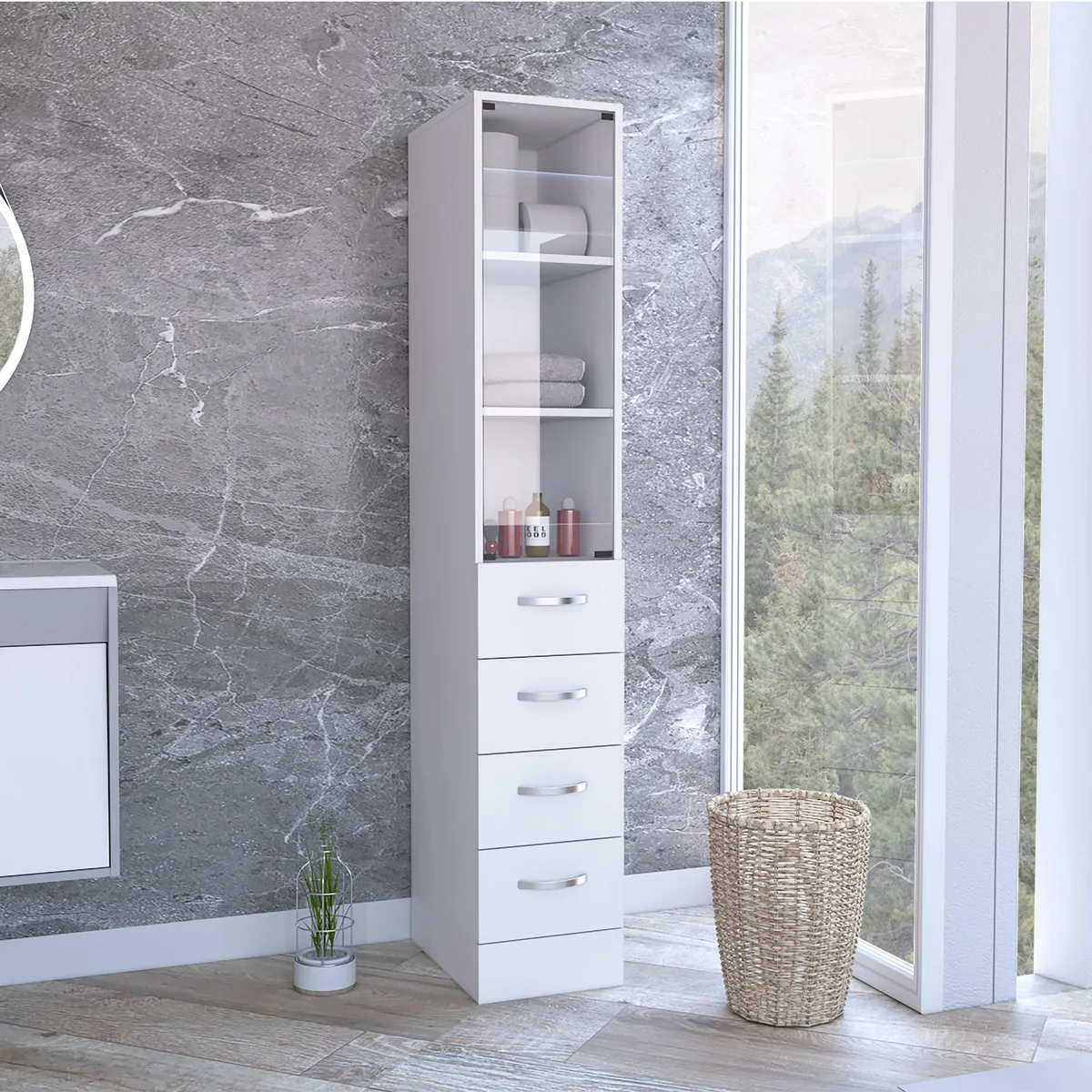 White linen cabinet 68 inches high with three shelves four drawers metal handles