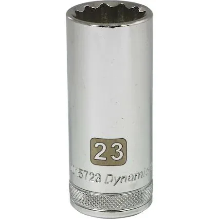 Chrome 1/2 inch drive 23mm 12 point socket with knurled ring and laser markings