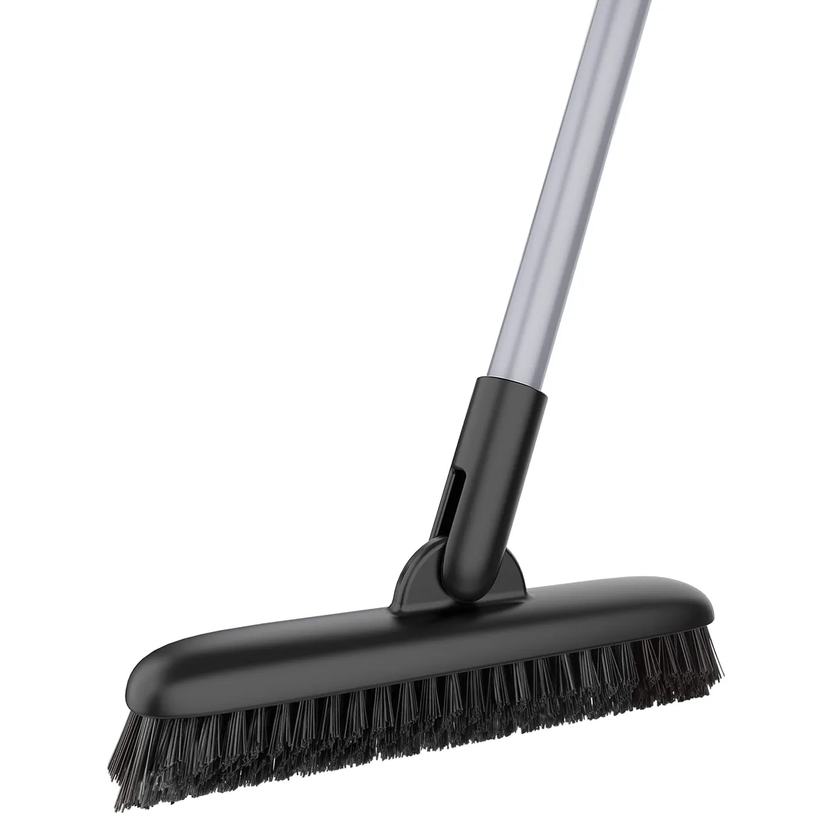 Black grout scrub brush with V-shaped stiff bristles, 180-degree swivel head, and 50-inch adjustable steel handle