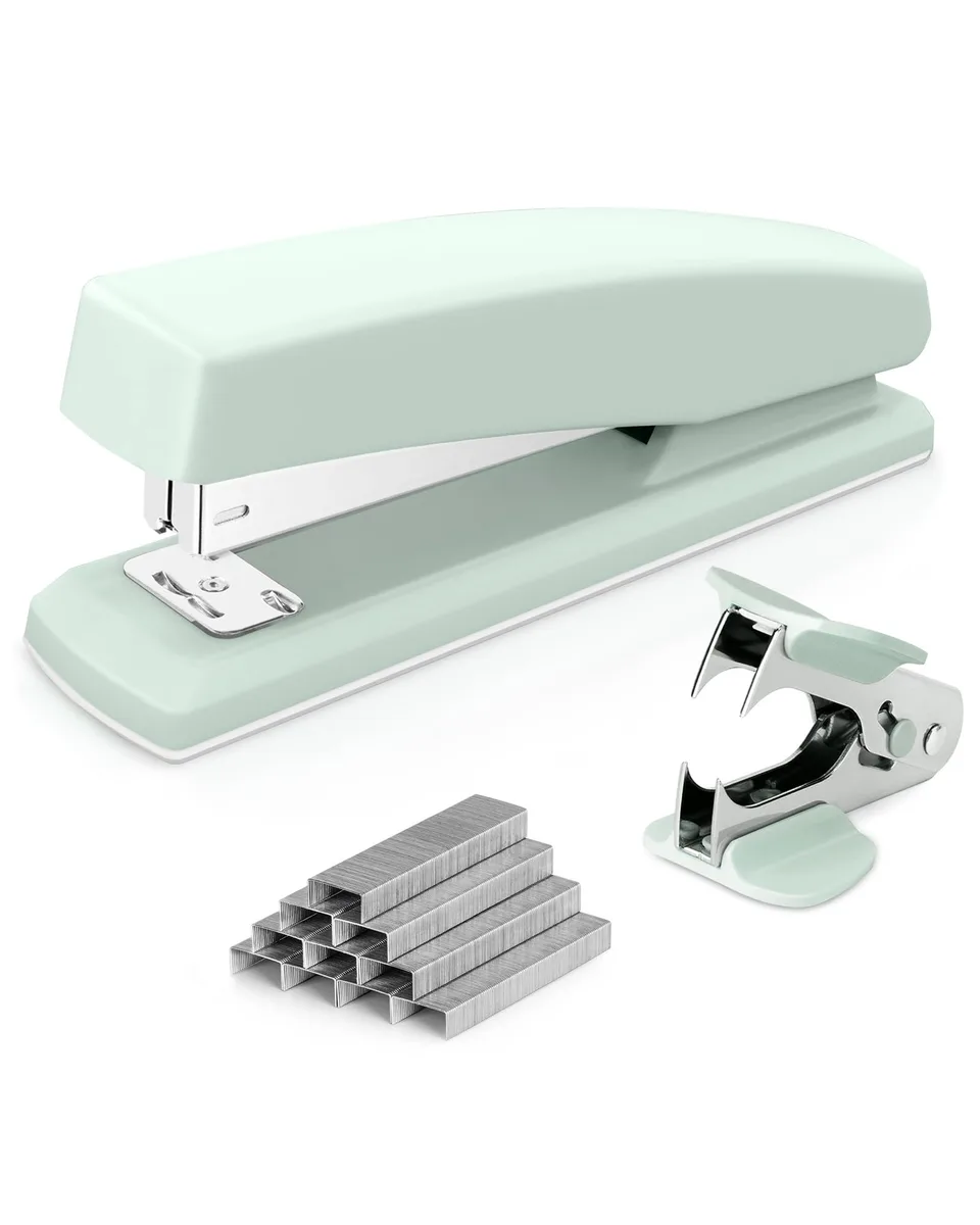 Green desktop stapler with removable base and staple remover