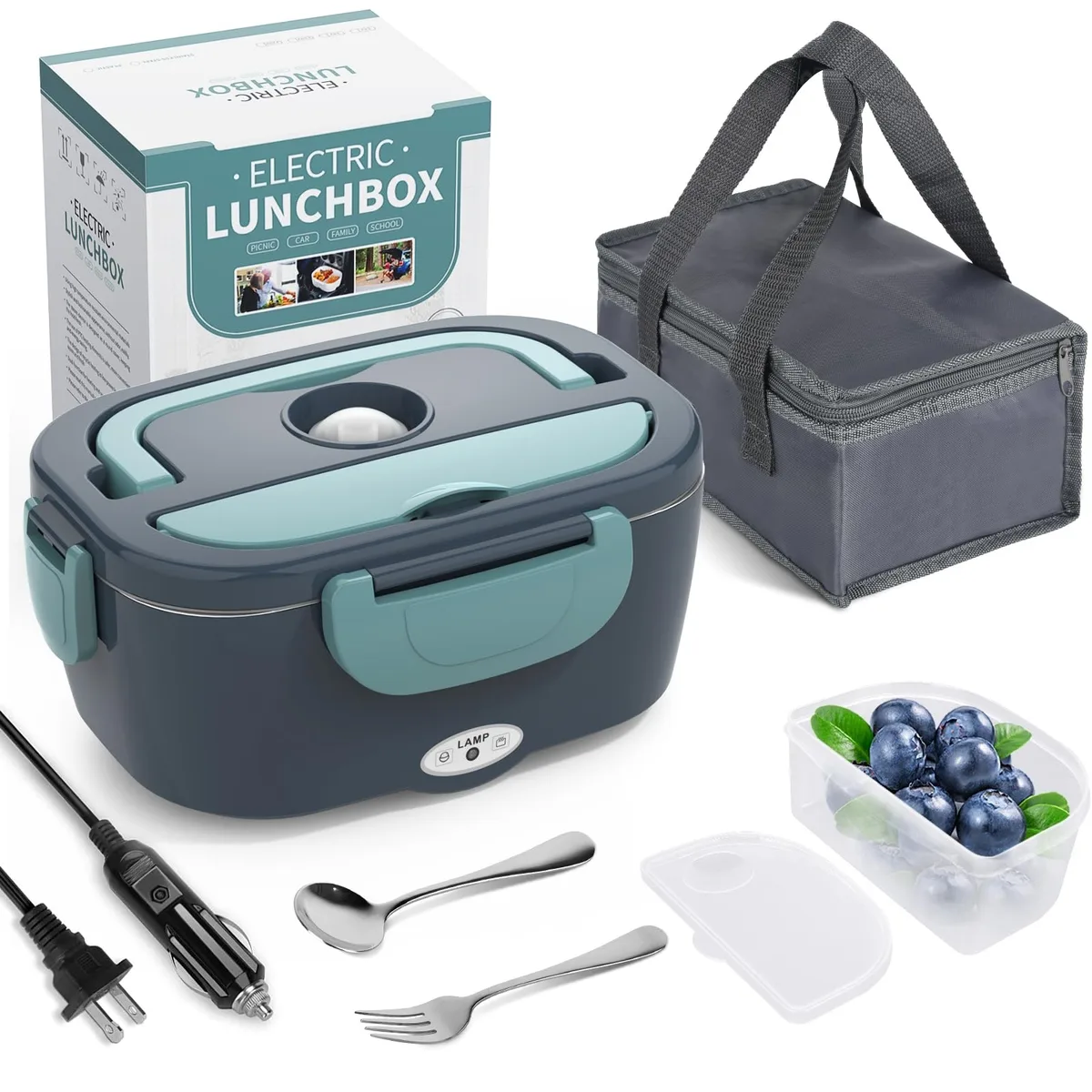 Red electric lunch box with handle and insulated carry bag