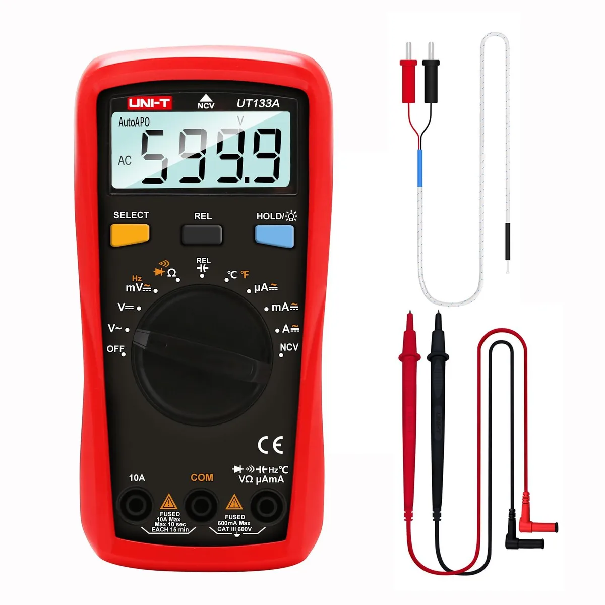Compact orange digital multimeter with LCD display, selector dial, test lead ports, and integrated kickstand