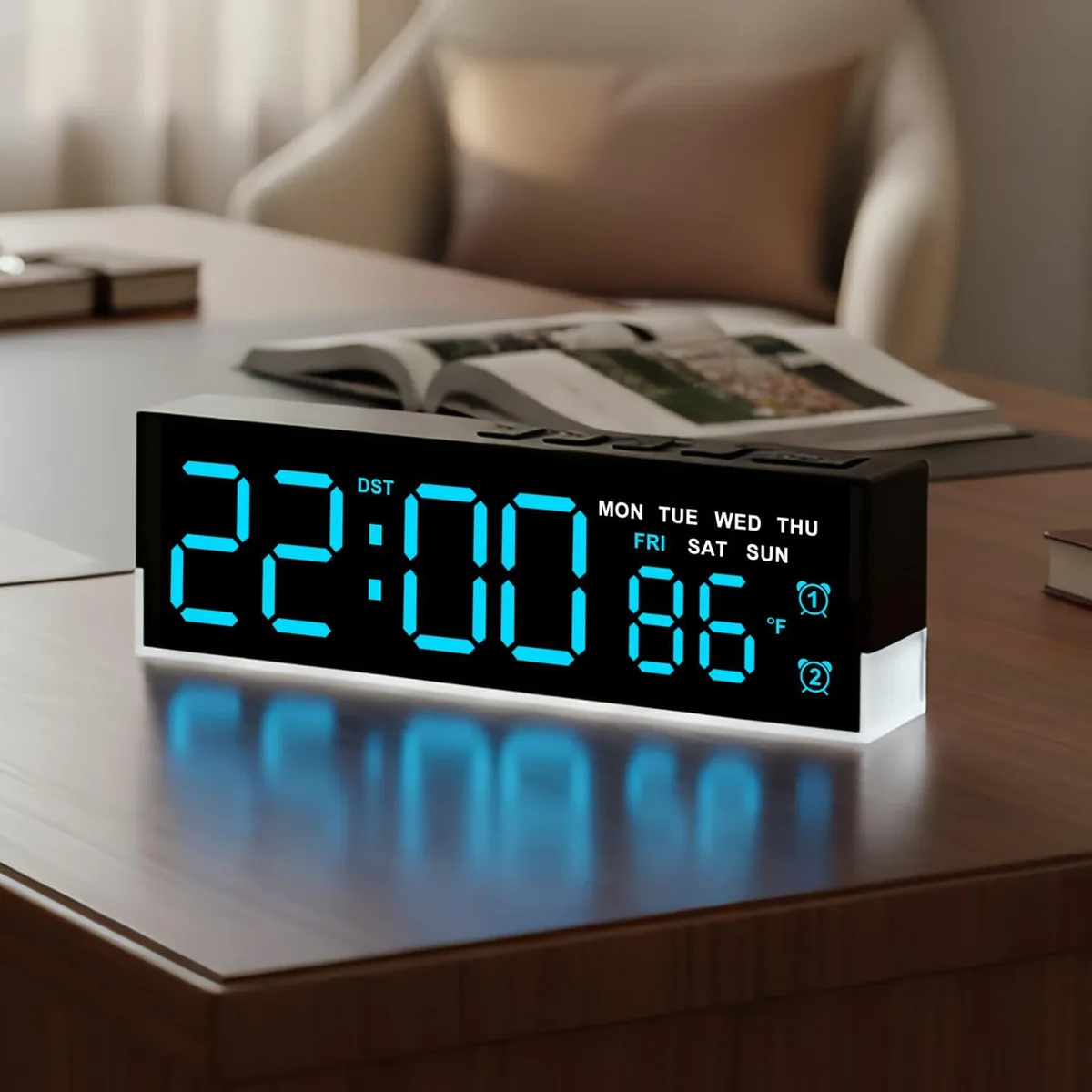 Blue digital alarm clock 6.7 inches wide with LED display