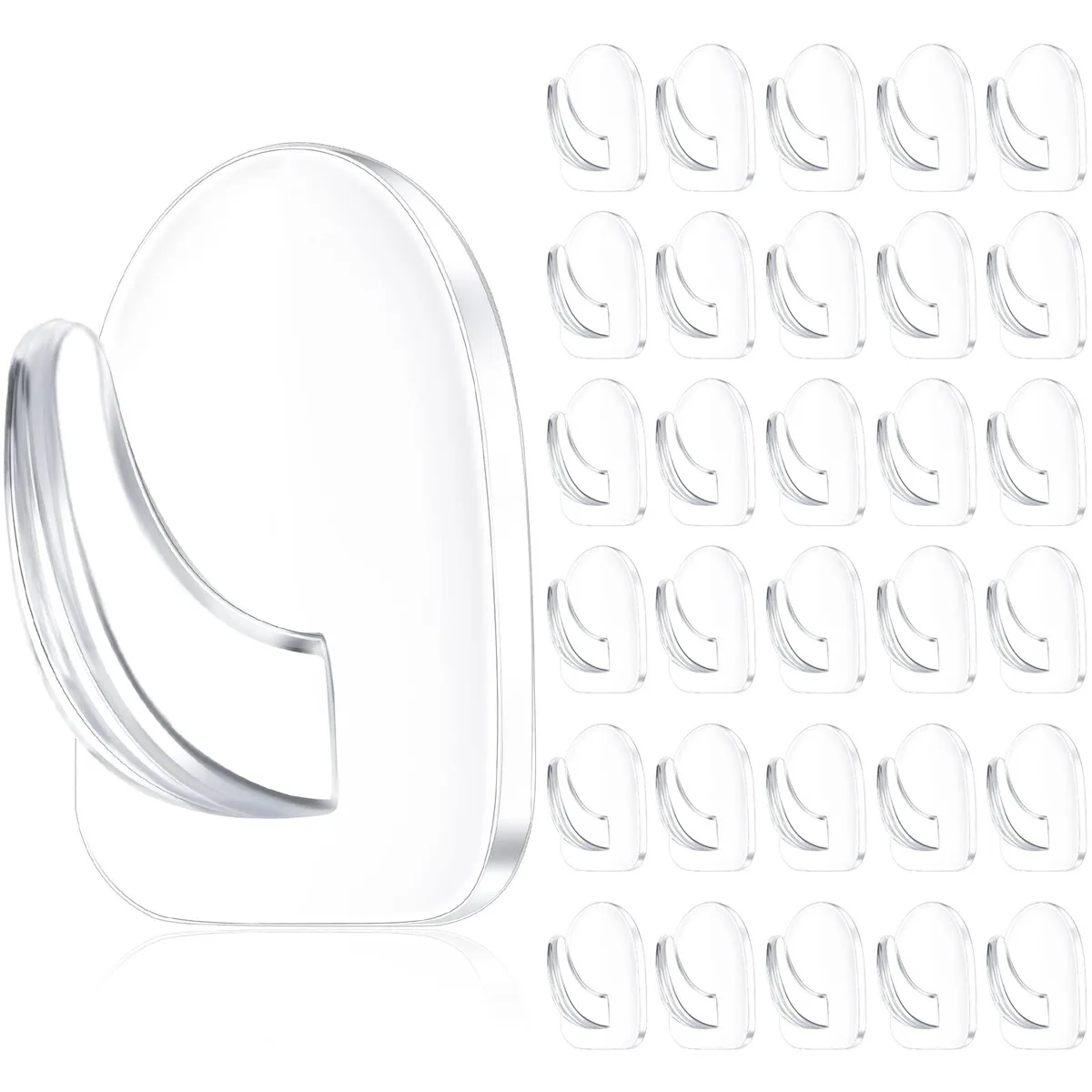 Thirty clear acrylic adhesive hooks with separate sticky pads, each about .9 by 1.3 inches