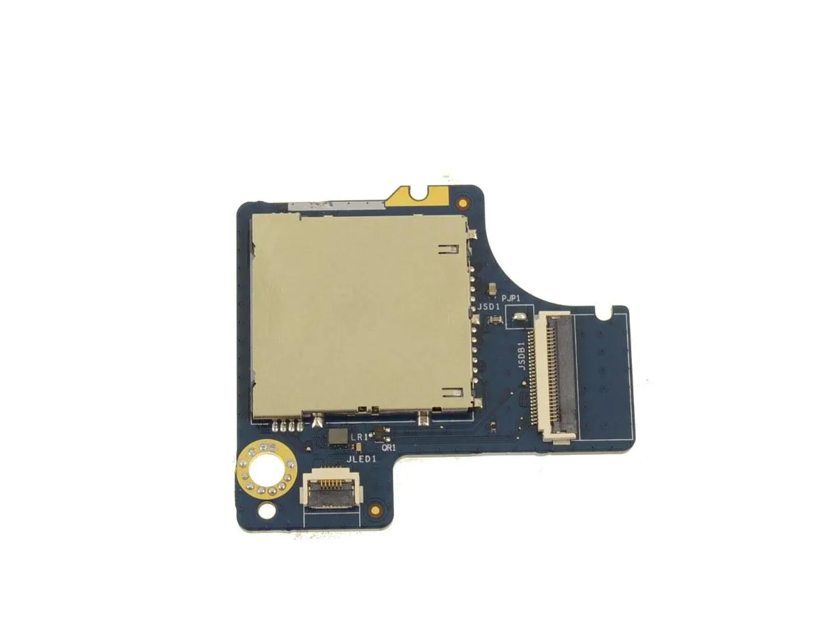 Green rectangular circuit board with silver SD card slot and connector
