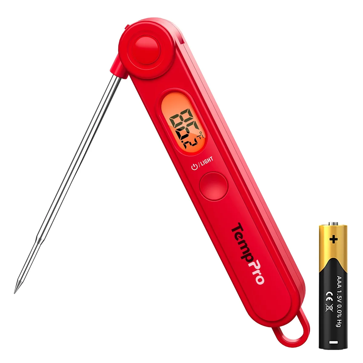 Bright red digital thermometer with fold-out metal probe