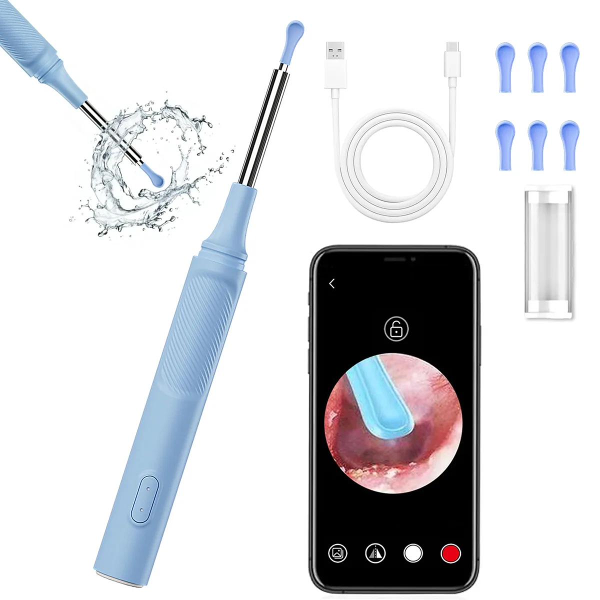 Blue ear otoscope with 3.5mm camera lens, six LED lights, silicone tips, Type-C charging