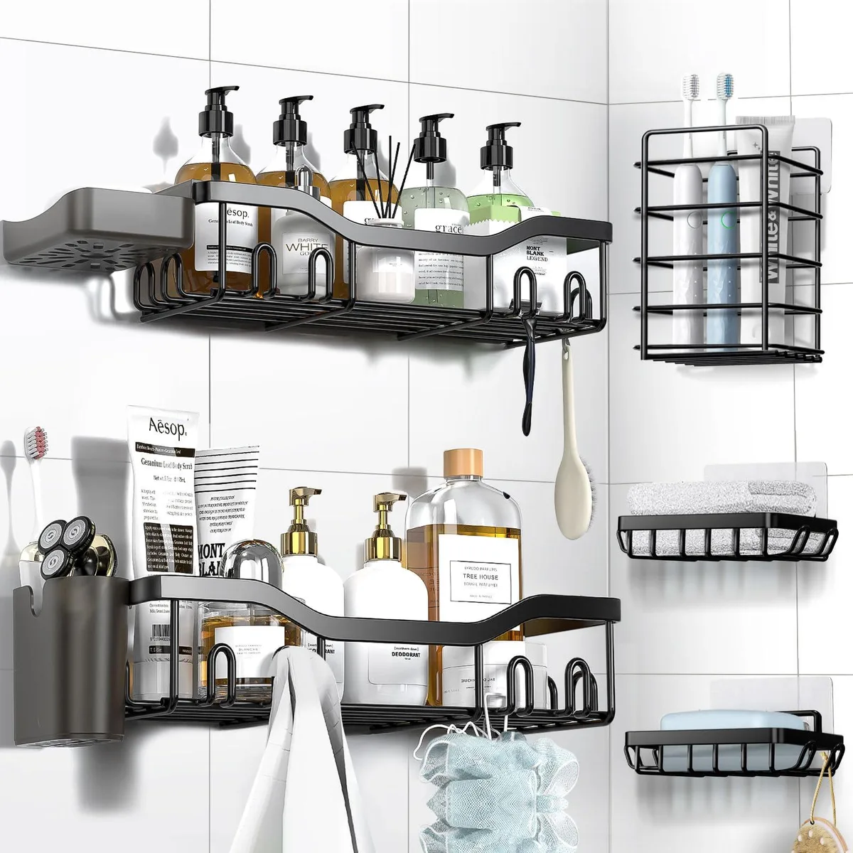 Seven black stainless steel adhesive shower shelves with 24 hooks