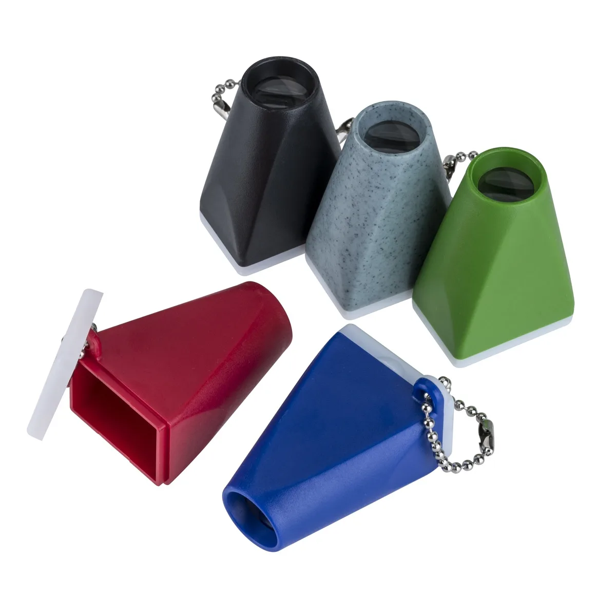 Five small key-chain slide viewers with translucent caps in assorted colors